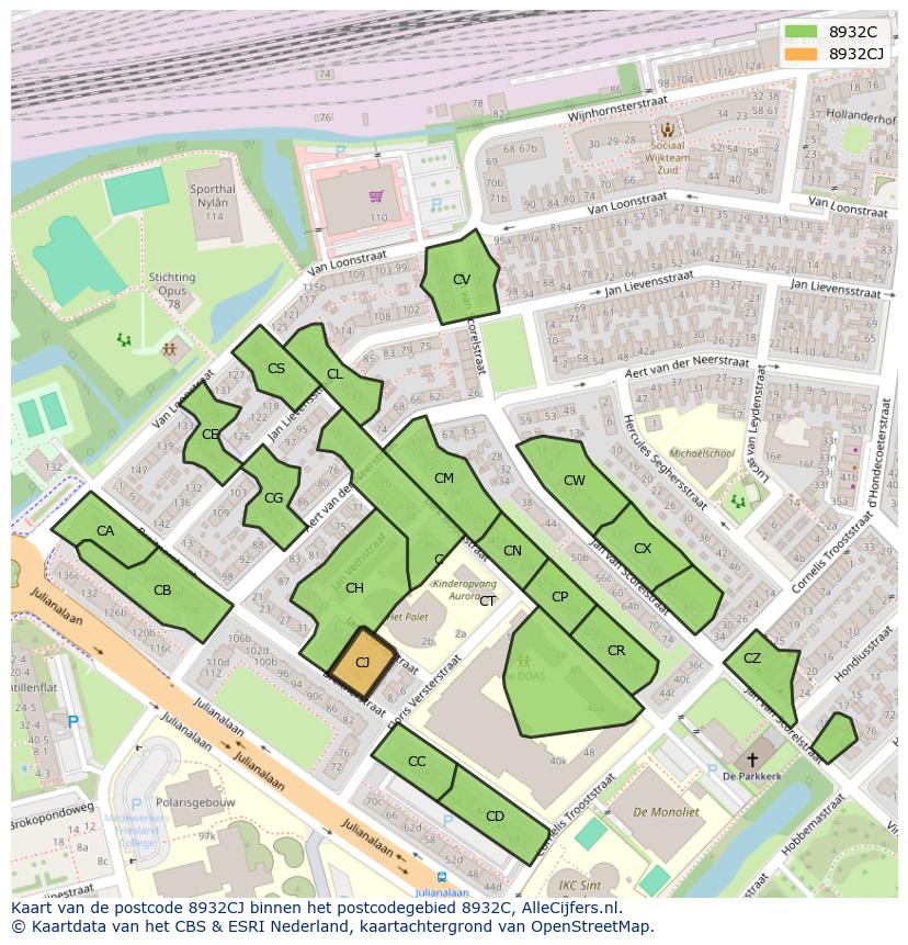 Afbeelding van het postcodegebied 8932 CJ op de kaart.