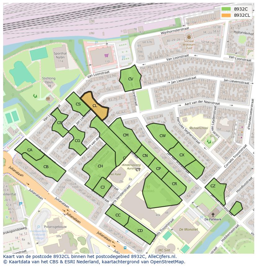 Afbeelding van het postcodegebied 8932 CL op de kaart.