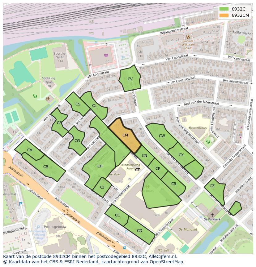Afbeelding van het postcodegebied 8932 CM op de kaart.
