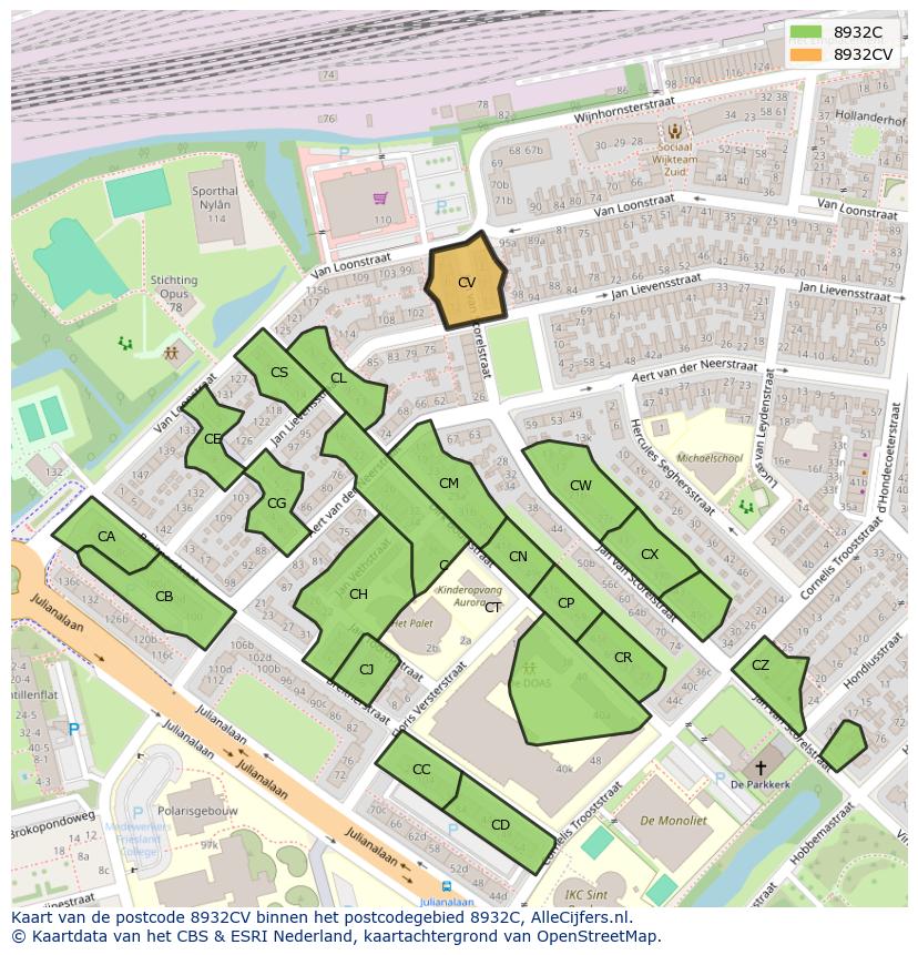 Afbeelding van het postcodegebied 8932 CV op de kaart.