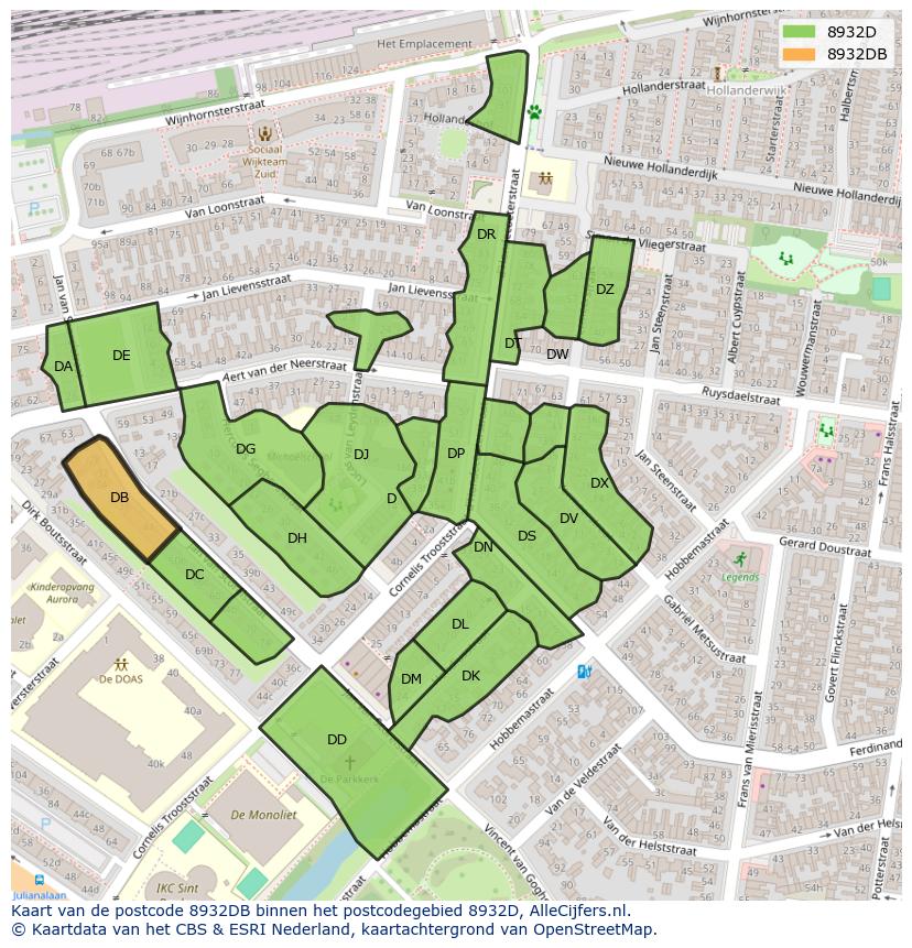 Afbeelding van het postcodegebied 8932 DB op de kaart.