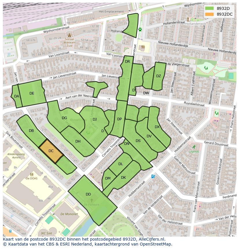 Afbeelding van het postcodegebied 8932 DC op de kaart.