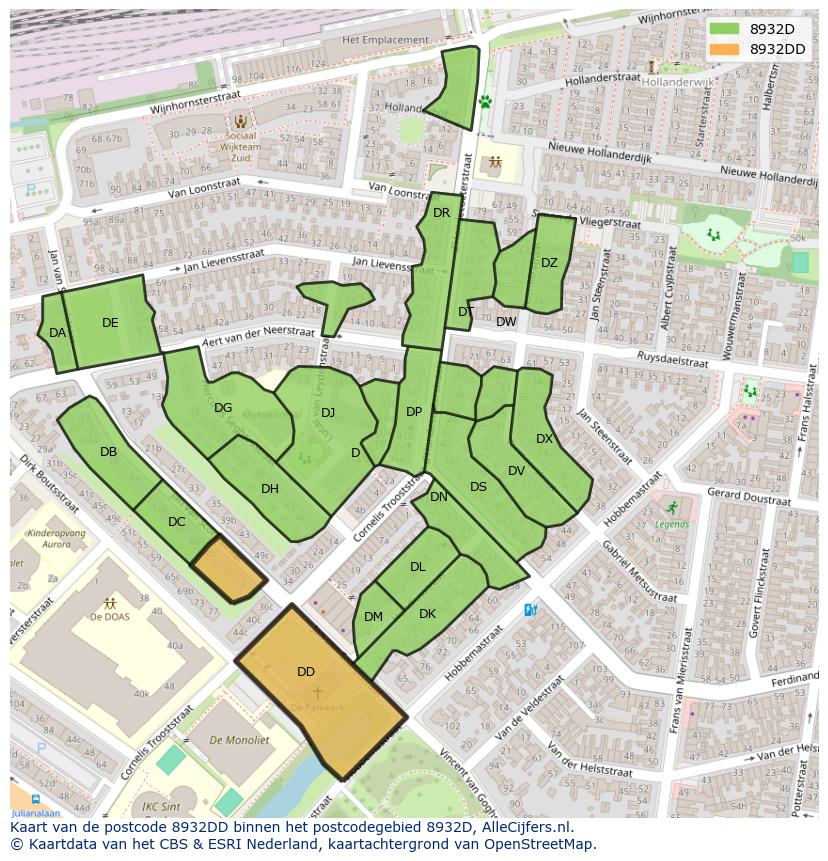 Afbeelding van het postcodegebied 8932 DD op de kaart.