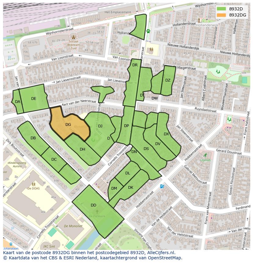 Afbeelding van het postcodegebied 8932 DG op de kaart.
