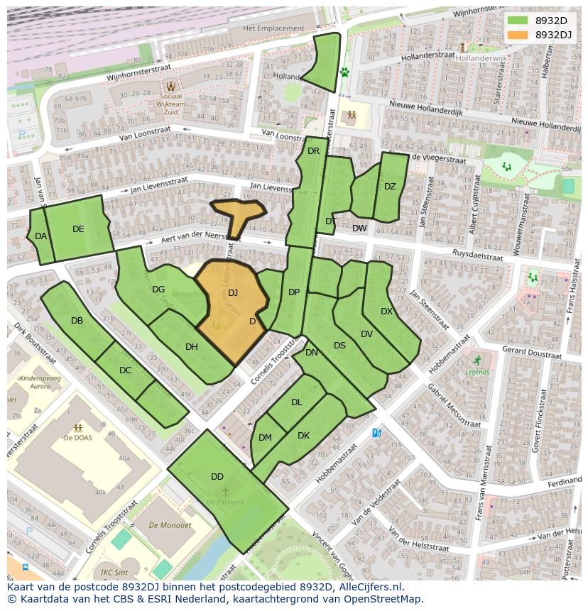 Afbeelding van het postcodegebied 8932 DJ op de kaart.