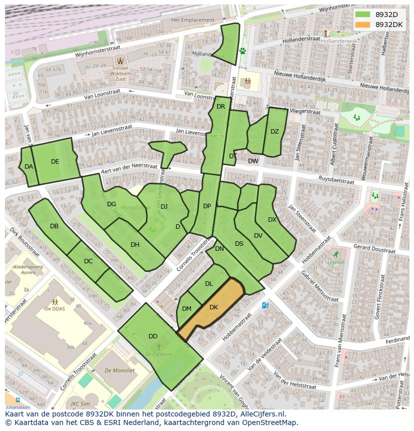 Afbeelding van het postcodegebied 8932 DK op de kaart.