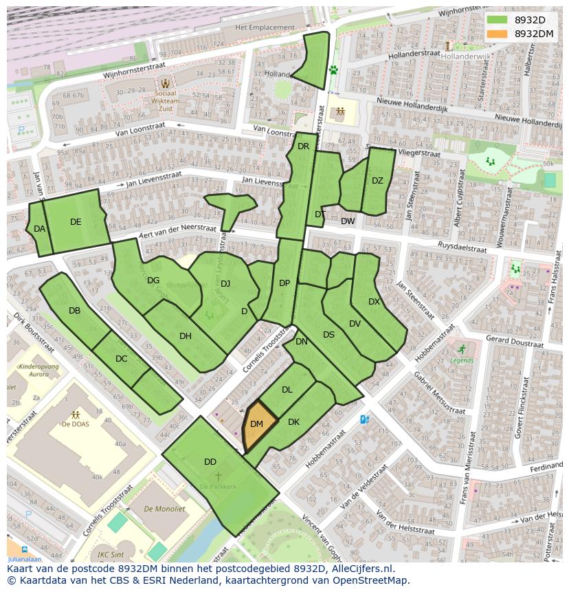 Afbeelding van het postcodegebied 8932 DM op de kaart.
