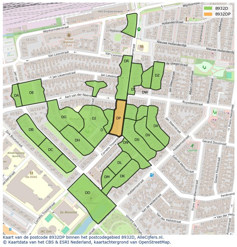 Afbeelding van het postcodegebied 8932 DP op de kaart.