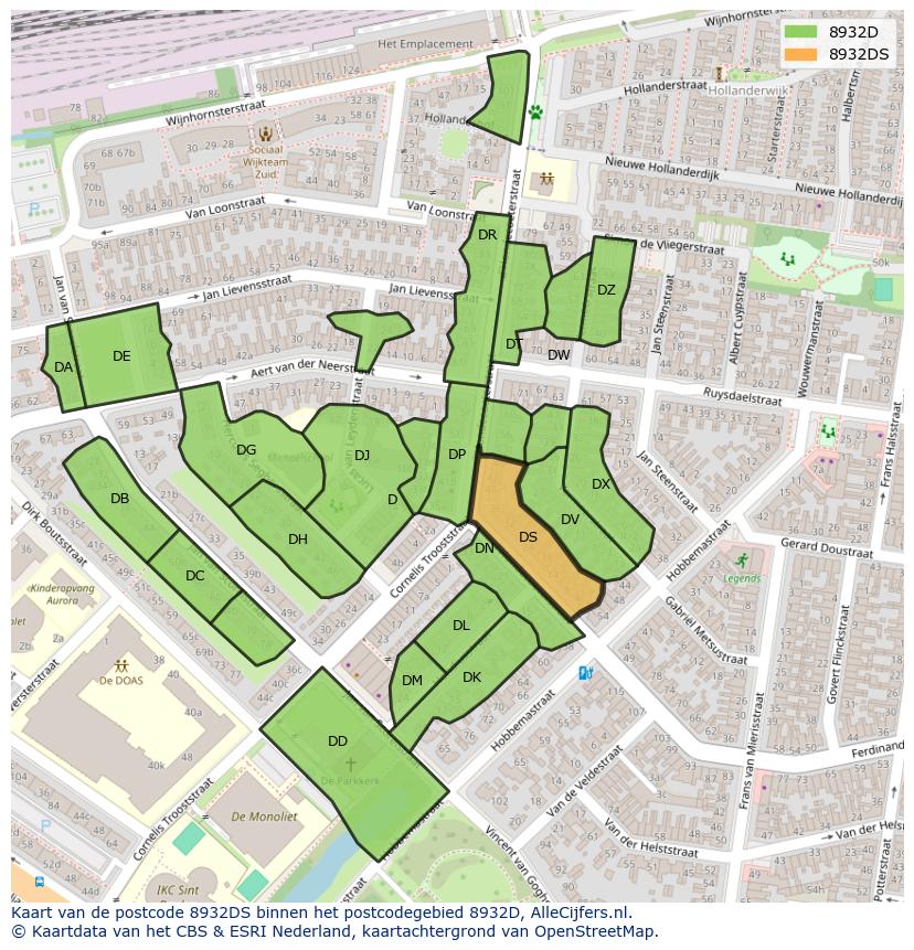 Afbeelding van het postcodegebied 8932 DS op de kaart.