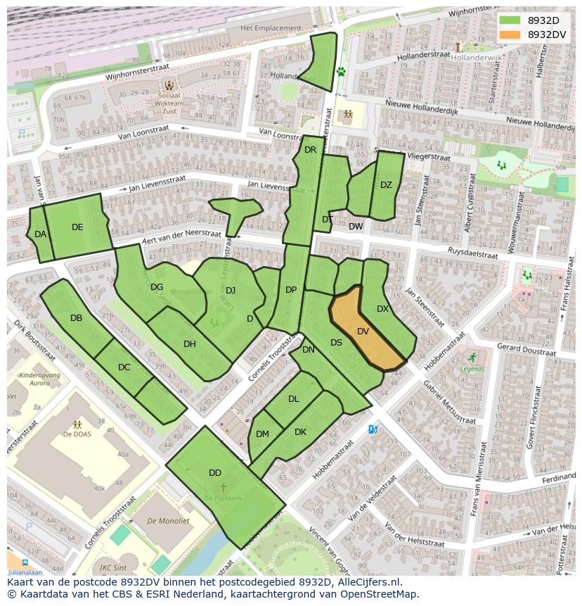 Afbeelding van het postcodegebied 8932 DV op de kaart.