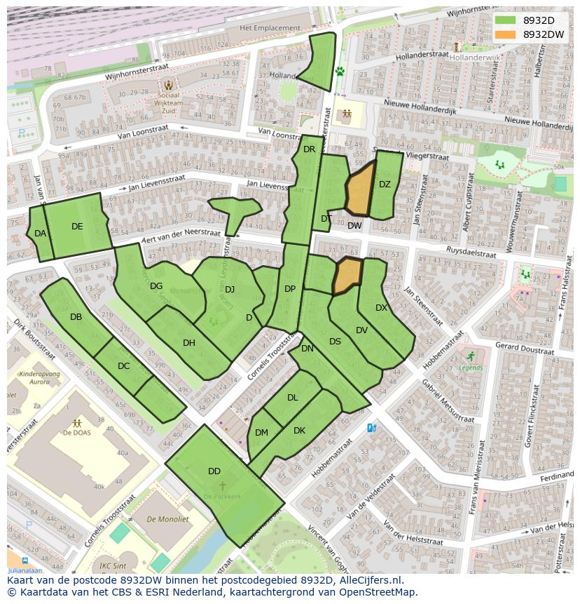 Afbeelding van het postcodegebied 8932 DW op de kaart.