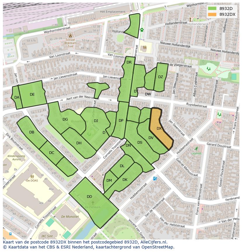 Afbeelding van het postcodegebied 8932 DX op de kaart.
