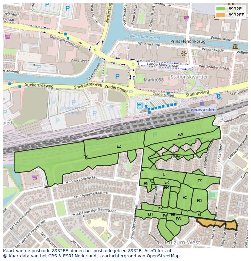 Afbeelding van het postcodegebied 8932 EE op de kaart.