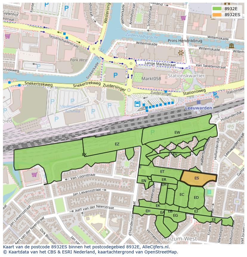 Afbeelding van het postcodegebied 8932 ES op de kaart.