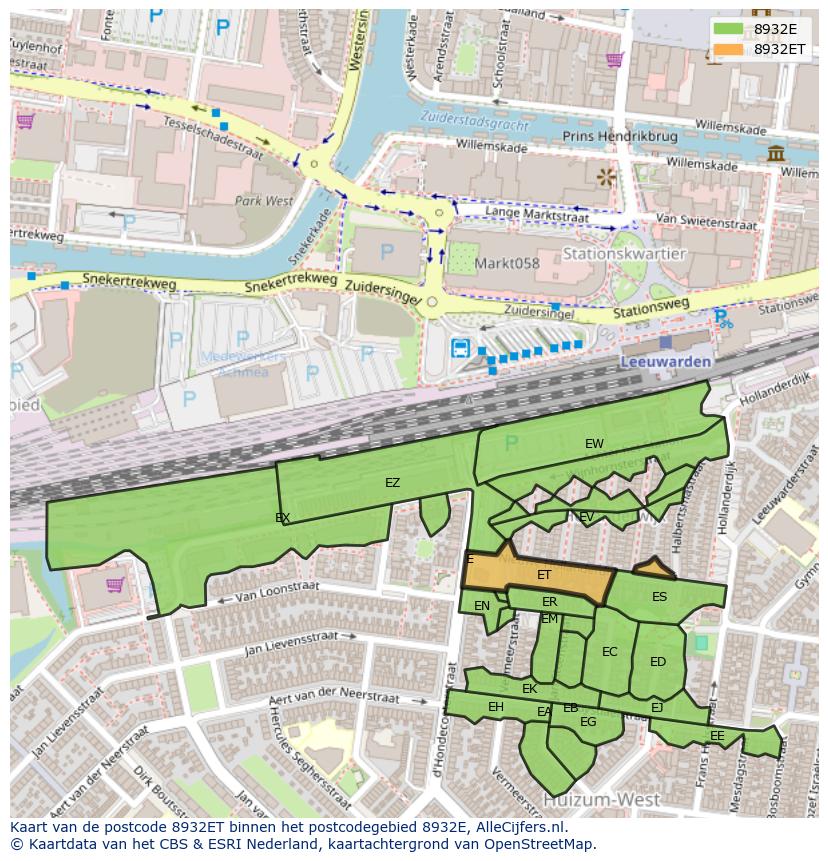 Afbeelding van het postcodegebied 8932 ET op de kaart.