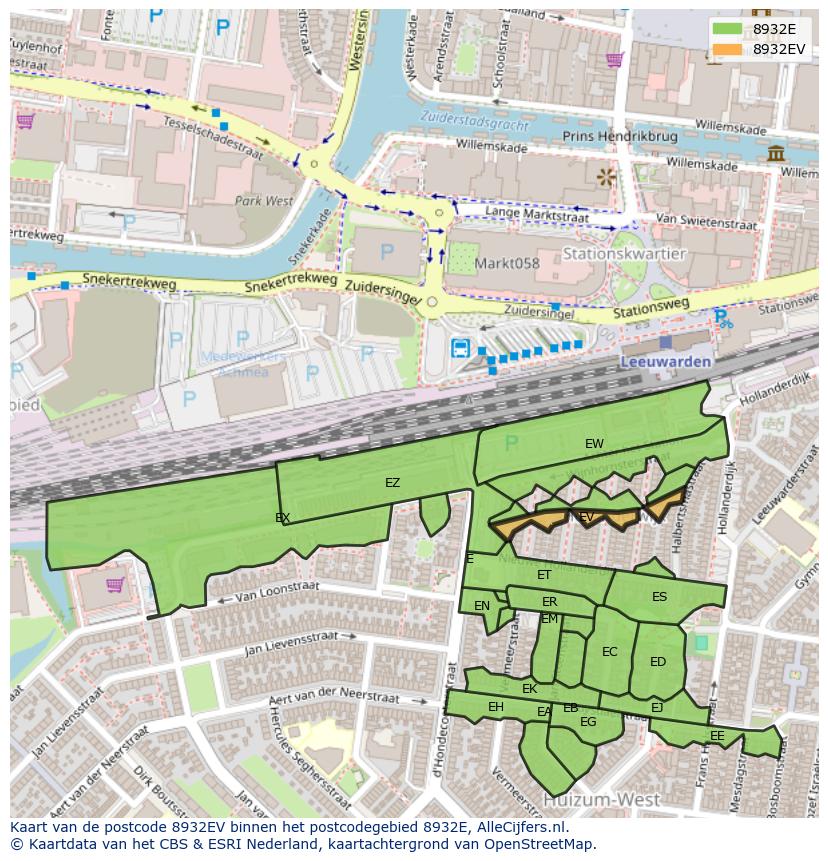 Afbeelding van het postcodegebied 8932 EV op de kaart.