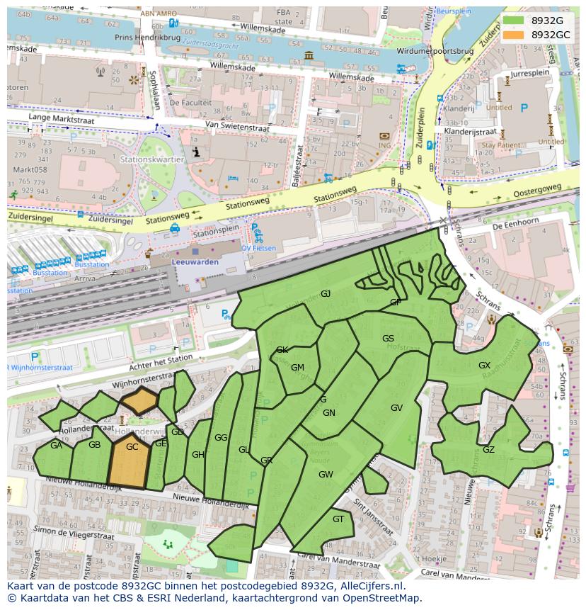 Afbeelding van het postcodegebied 8932 GC op de kaart.