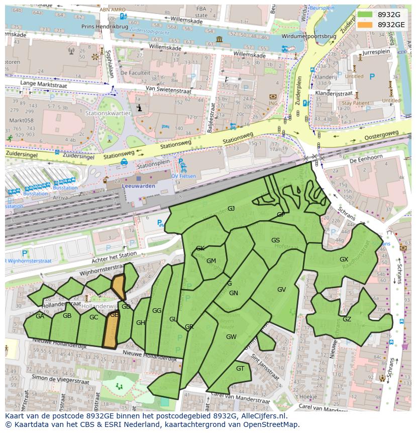 Afbeelding van het postcodegebied 8932 GE op de kaart.
