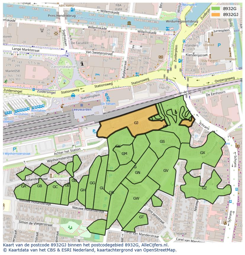 Afbeelding van het postcodegebied 8932 GJ op de kaart.
