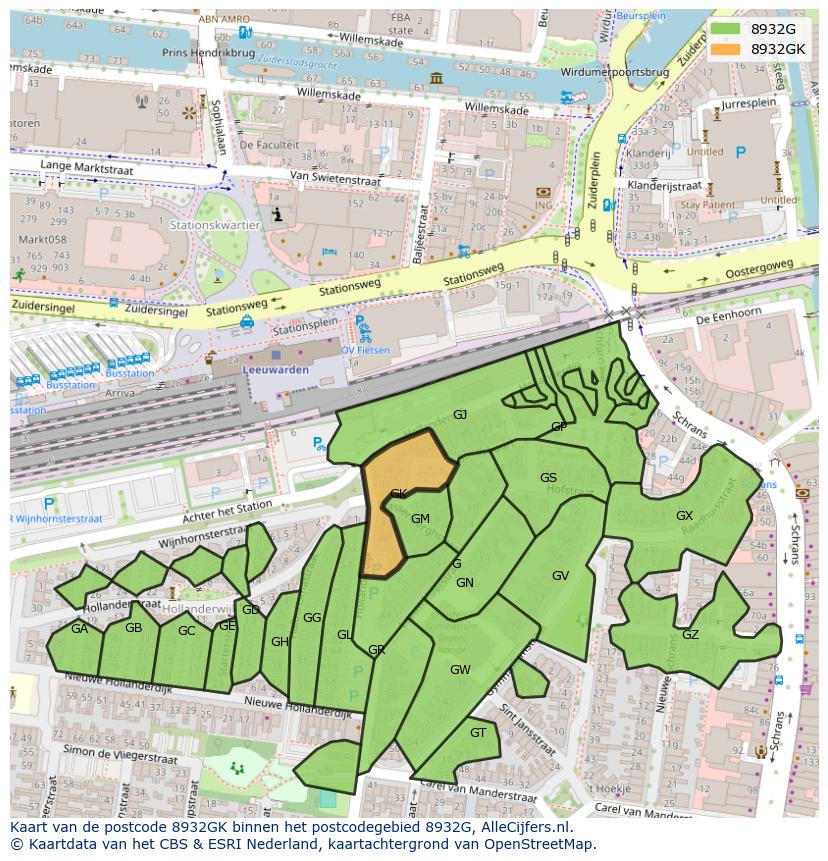 Afbeelding van het postcodegebied 8932 GK op de kaart.