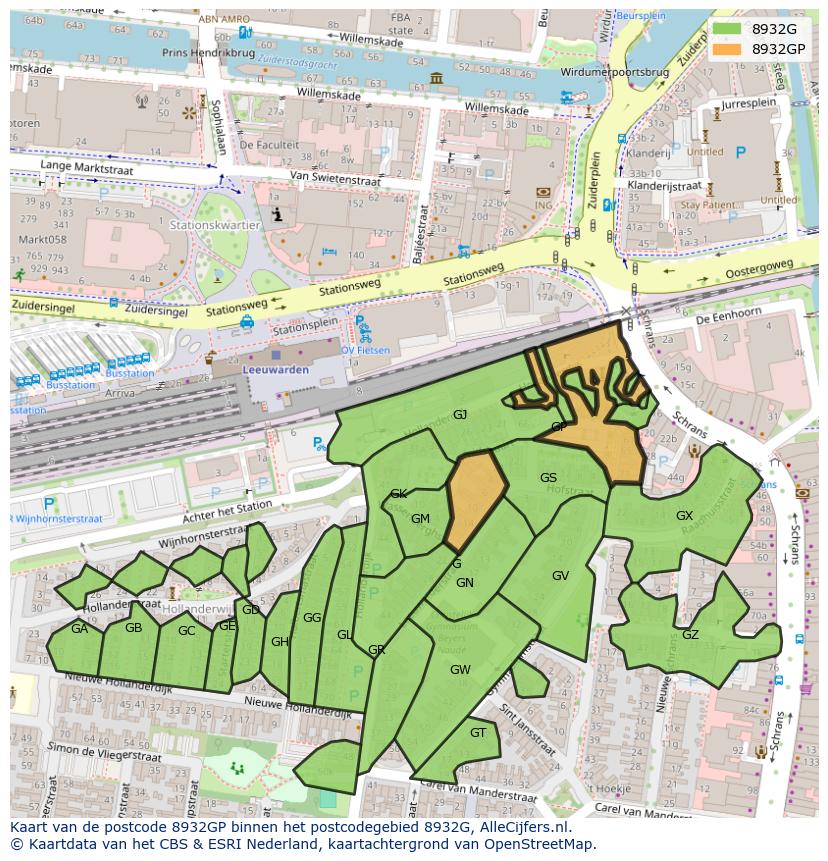 Afbeelding van het postcodegebied 8932 GP op de kaart.