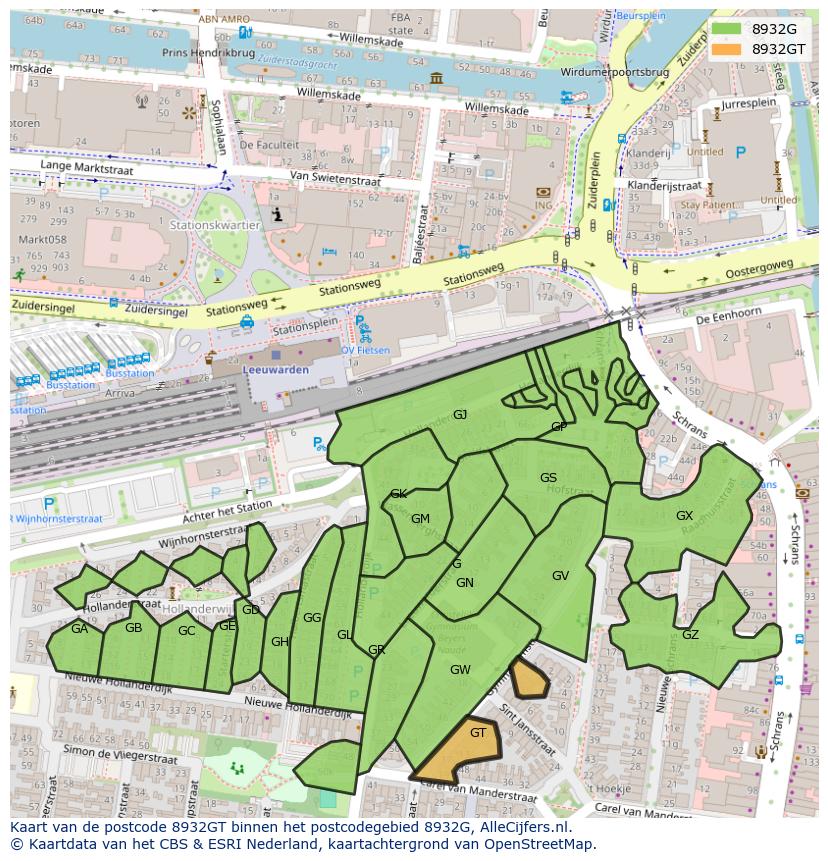 Afbeelding van het postcodegebied 8932 GT op de kaart.