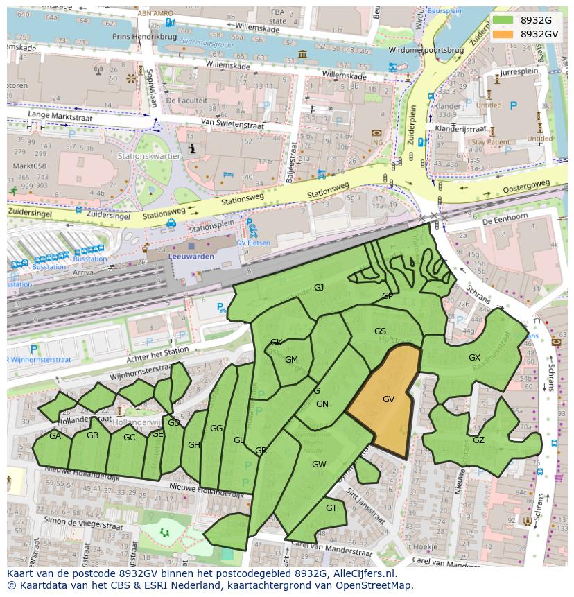 Afbeelding van het postcodegebied 8932 GV op de kaart.
