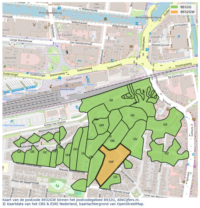 Afbeelding van het postcodegebied 8932 GW op de kaart.