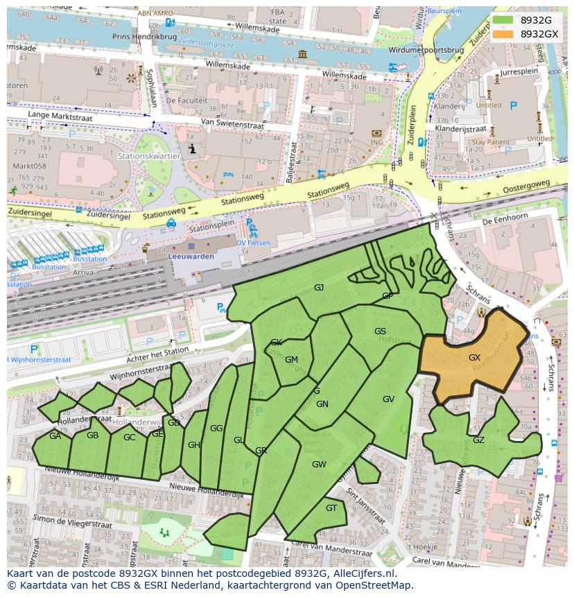 Afbeelding van het postcodegebied 8932 GX op de kaart.