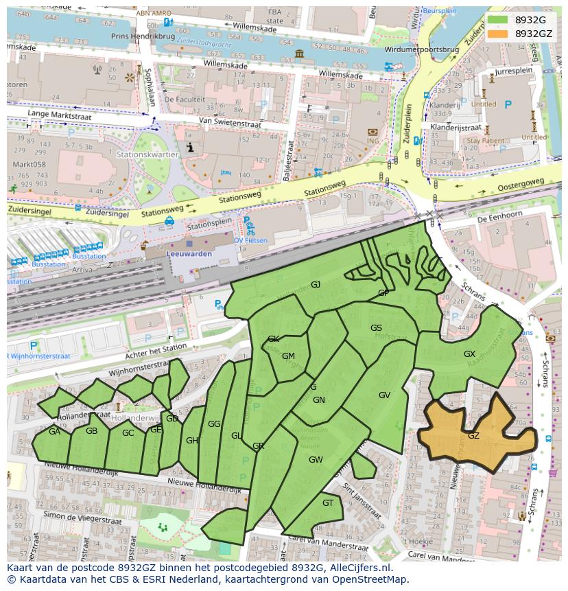Afbeelding van het postcodegebied 8932 GZ op de kaart.