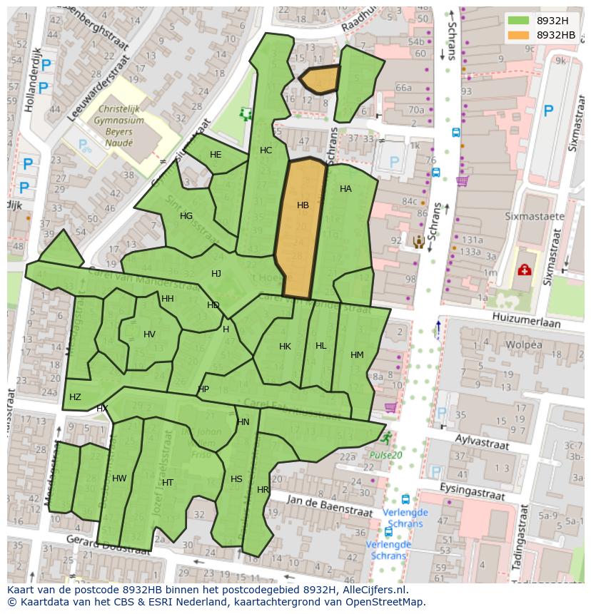 Afbeelding van het postcodegebied 8932 HB op de kaart.