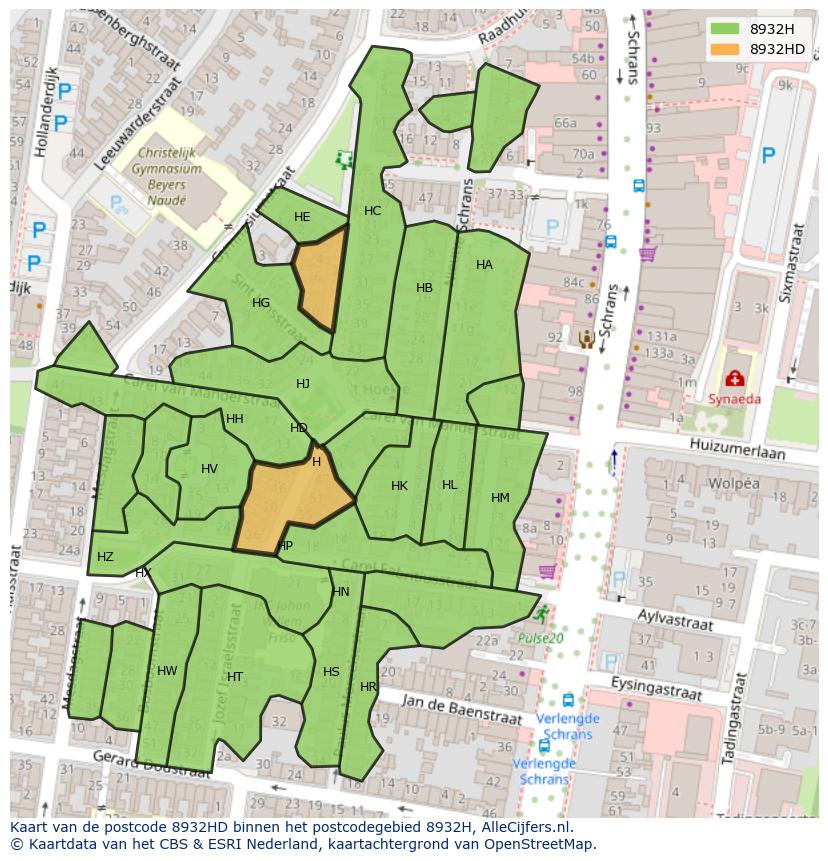 Afbeelding van het postcodegebied 8932 HD op de kaart.