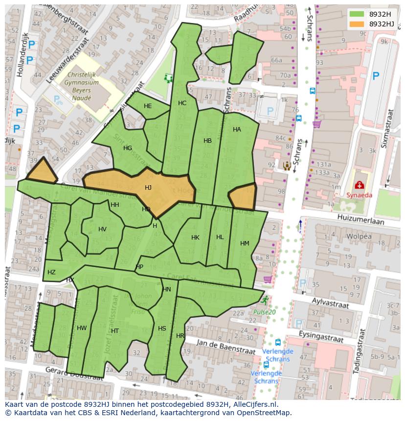 Afbeelding van het postcodegebied 8932 HJ op de kaart.