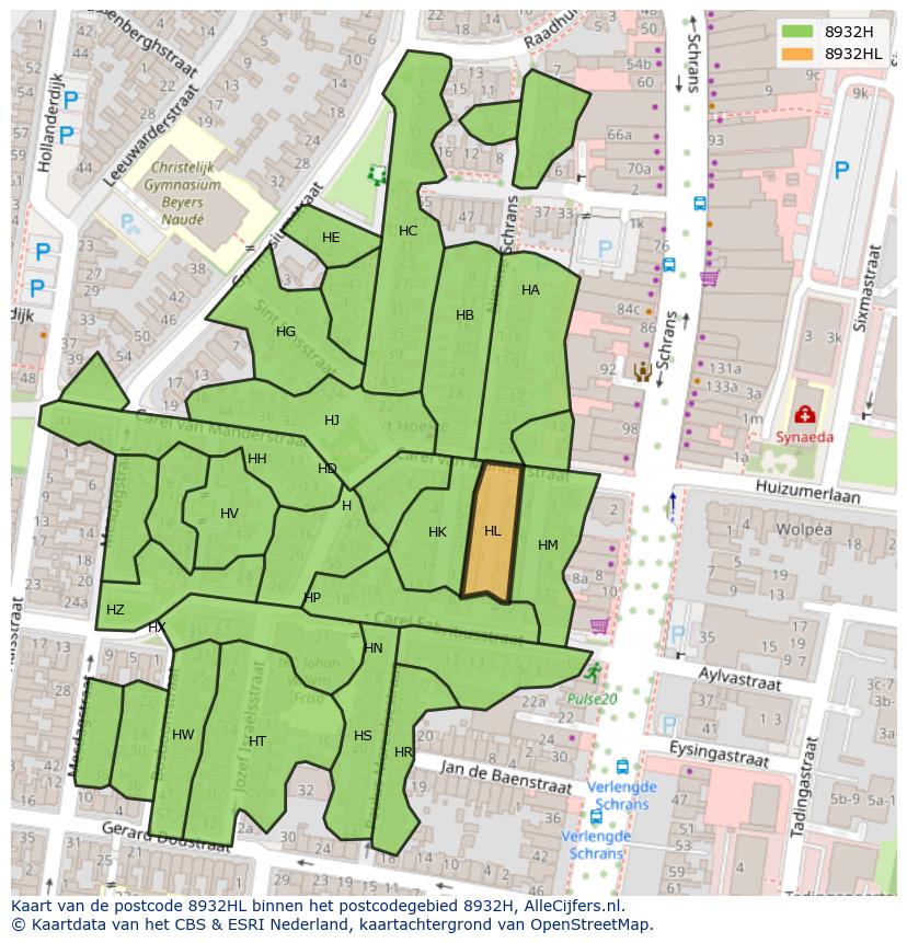 Afbeelding van het postcodegebied 8932 HL op de kaart.