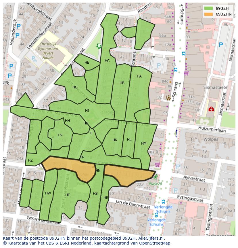 Afbeelding van het postcodegebied 8932 HN op de kaart.