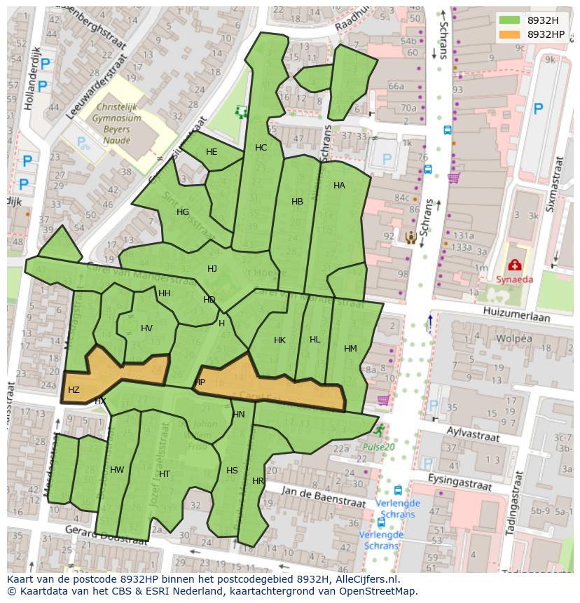 Afbeelding van het postcodegebied 8932 HP op de kaart.
