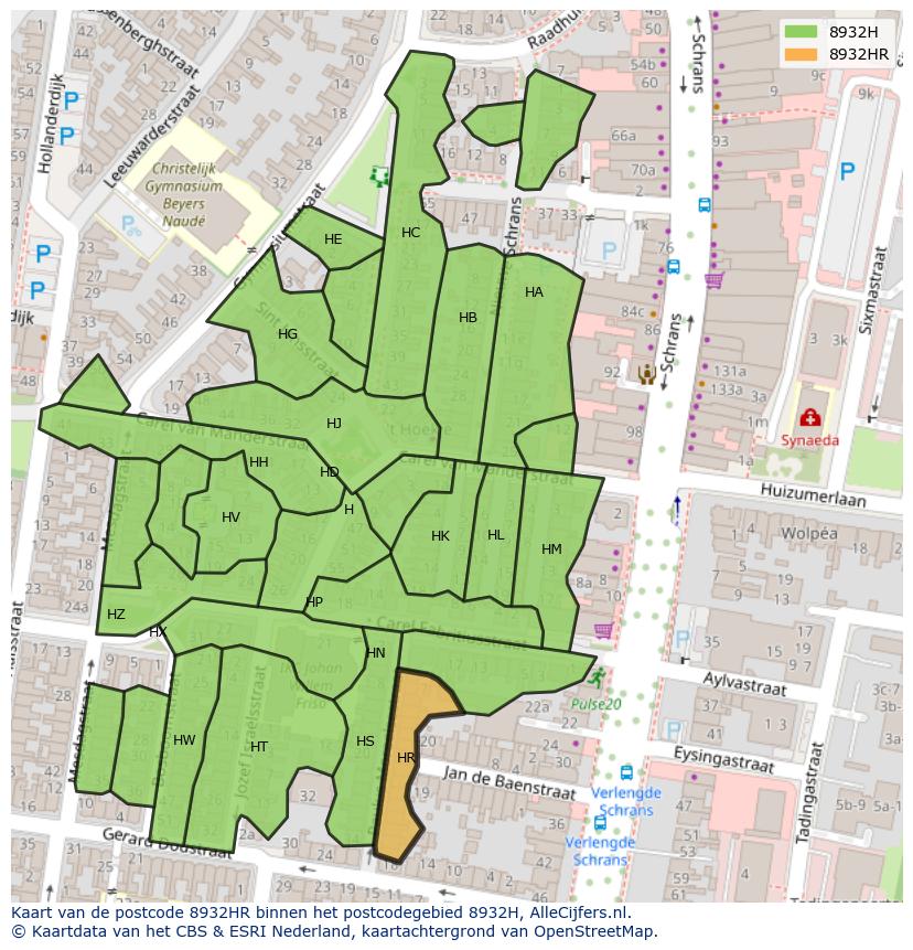 Afbeelding van het postcodegebied 8932 HR op de kaart.