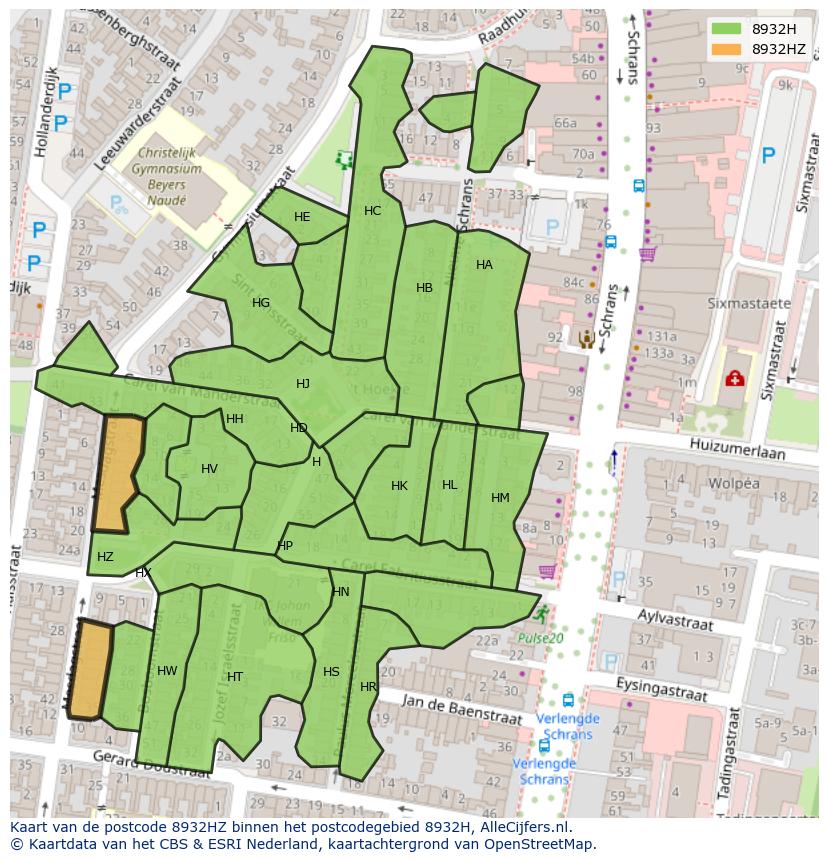 Afbeelding van het postcodegebied 8932 HZ op de kaart.