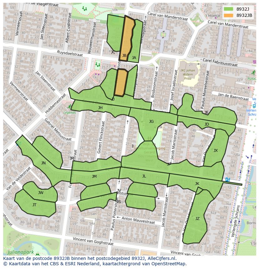 Afbeelding van het postcodegebied 8932 JB op de kaart.