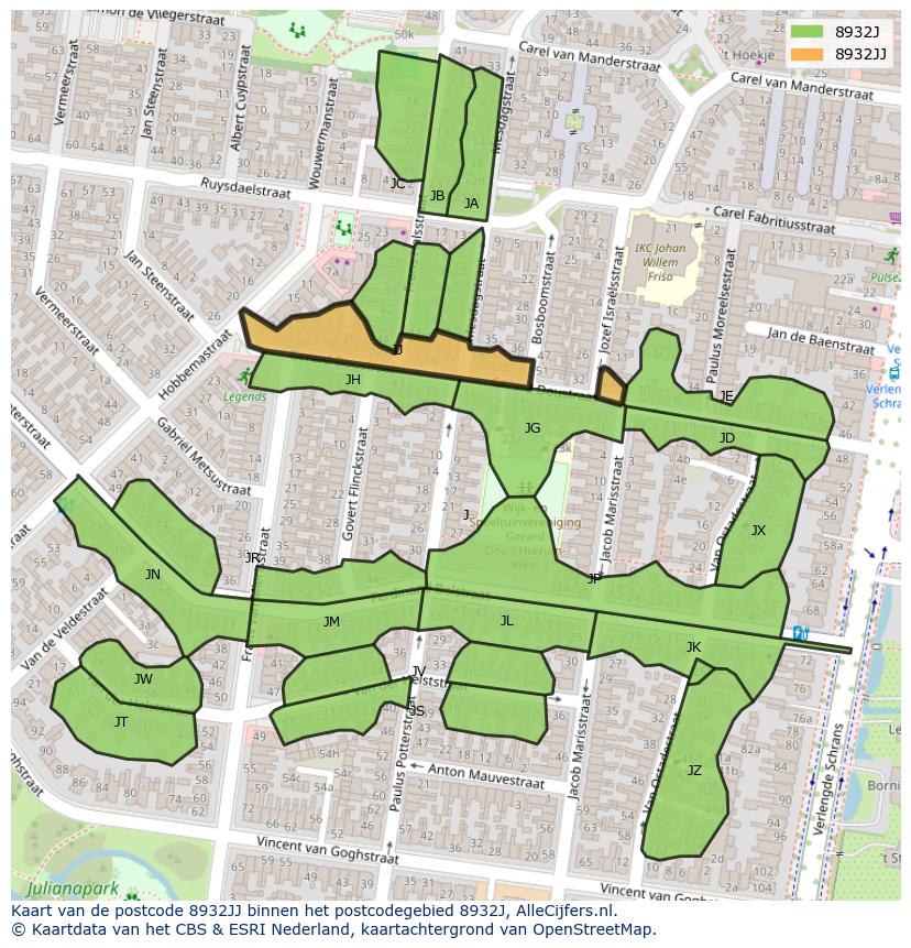 Afbeelding van het postcodegebied 8932 JJ op de kaart.