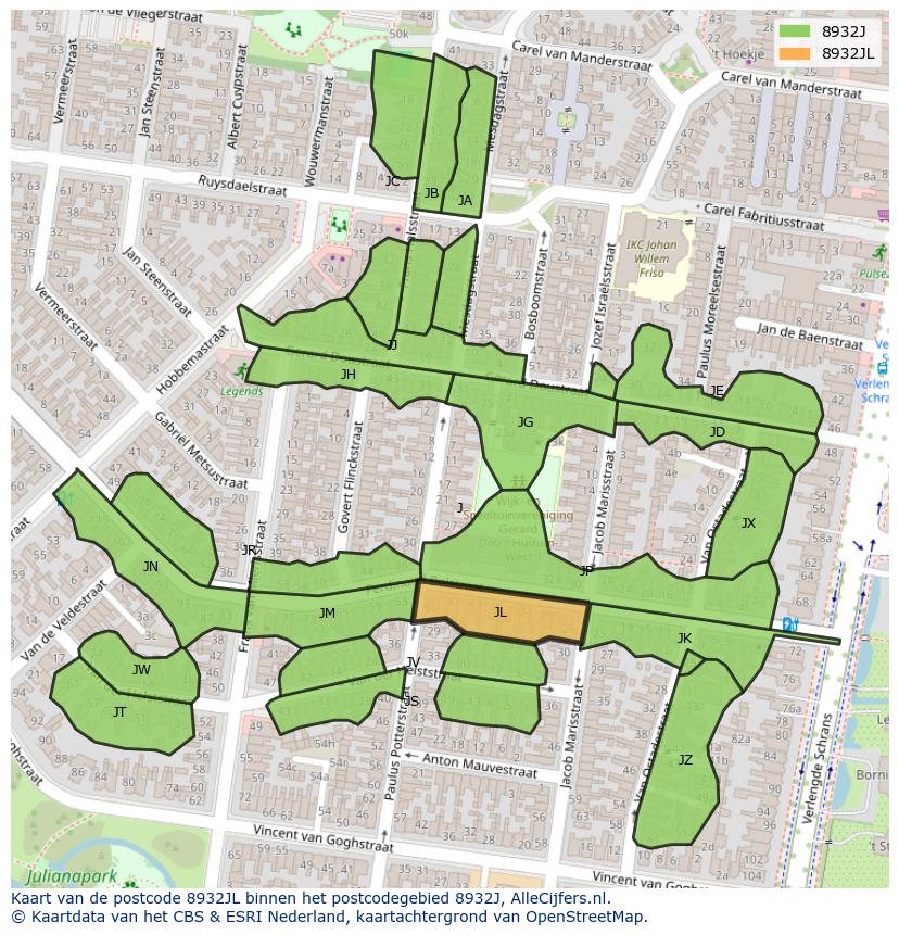 Afbeelding van het postcodegebied 8932 JL op de kaart.