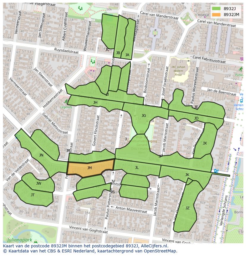 Afbeelding van het postcodegebied 8932 JM op de kaart.