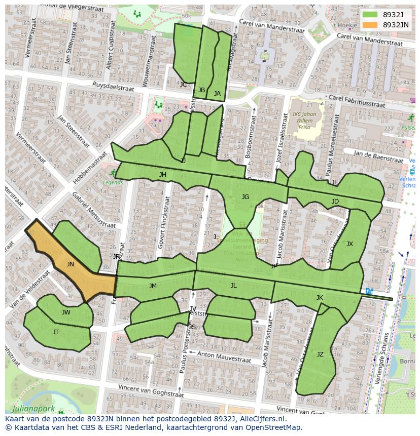 Afbeelding van het postcodegebied 8932 JN op de kaart.