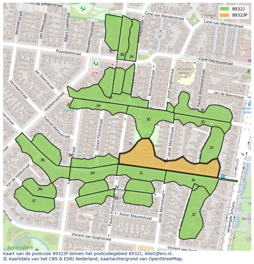 Afbeelding van het postcodegebied 8932 JP op de kaart.