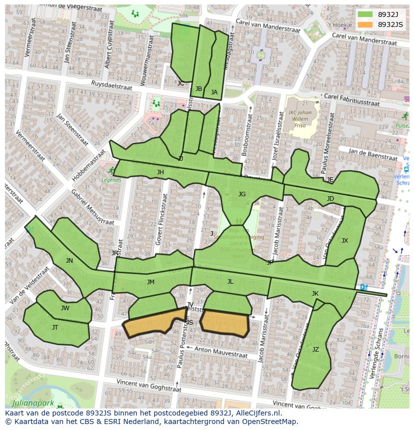 Afbeelding van het postcodegebied 8932 JS op de kaart.