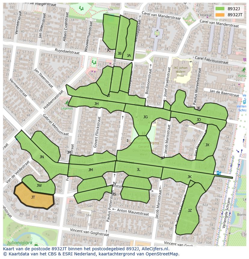 Afbeelding van het postcodegebied 8932 JT op de kaart.