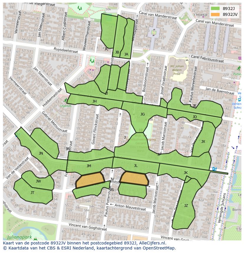 Afbeelding van het postcodegebied 8932 JV op de kaart.