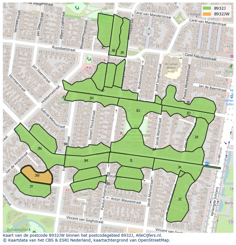 Afbeelding van het postcodegebied 8932 JW op de kaart.