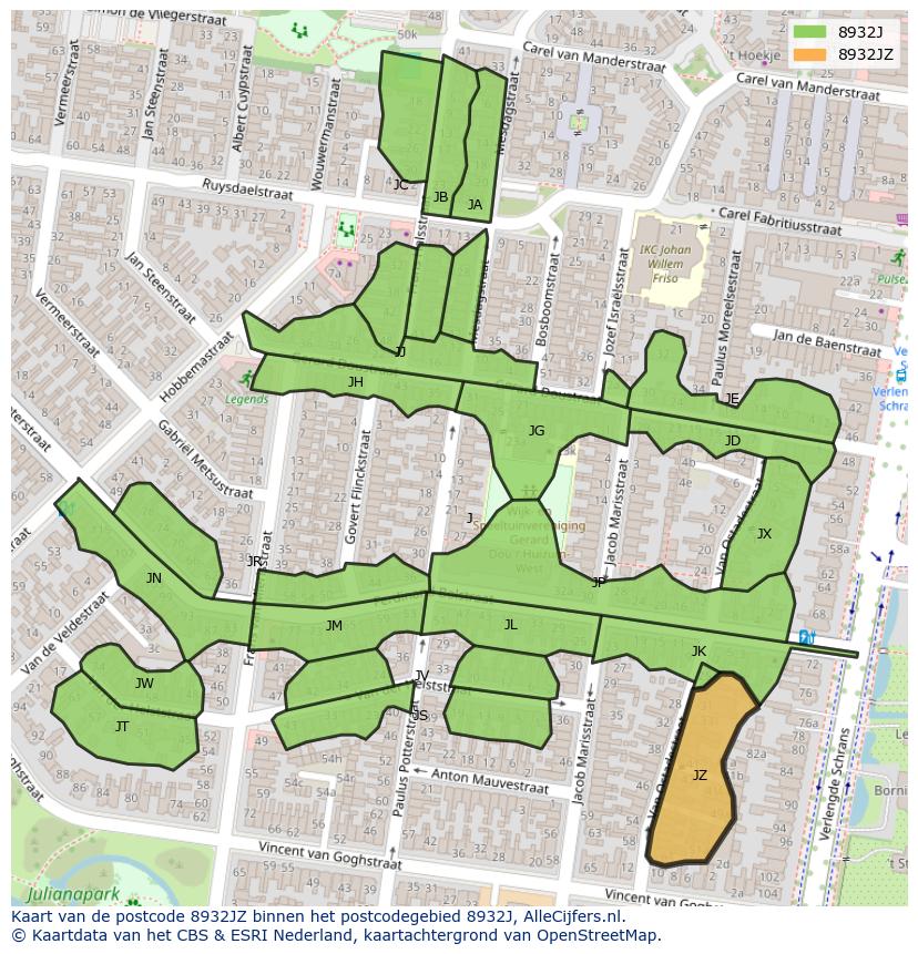 Afbeelding van het postcodegebied 8932 JZ op de kaart.