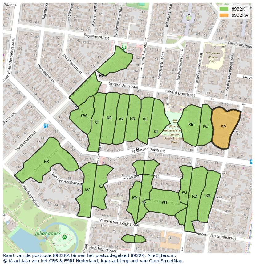Afbeelding van het postcodegebied 8932 KA op de kaart.